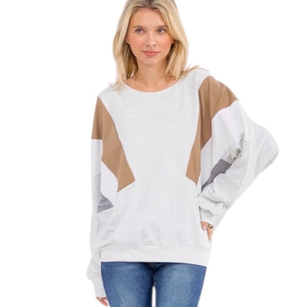 KYE MI Women's Colorblock Sweatshirt - White, Brown, Gray